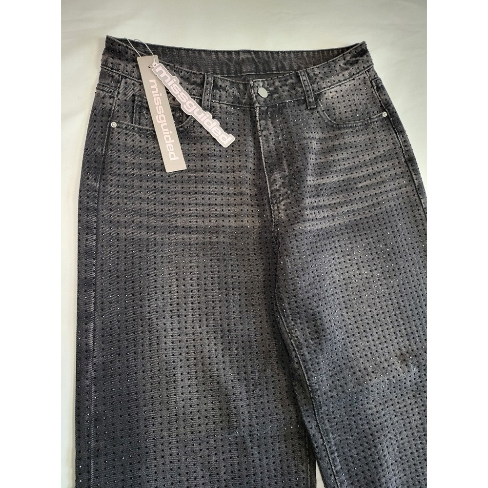 NWT Missguided Wide Leg High Rise Rhinestone Embellished Jeans 30 - Picture 2 of 11